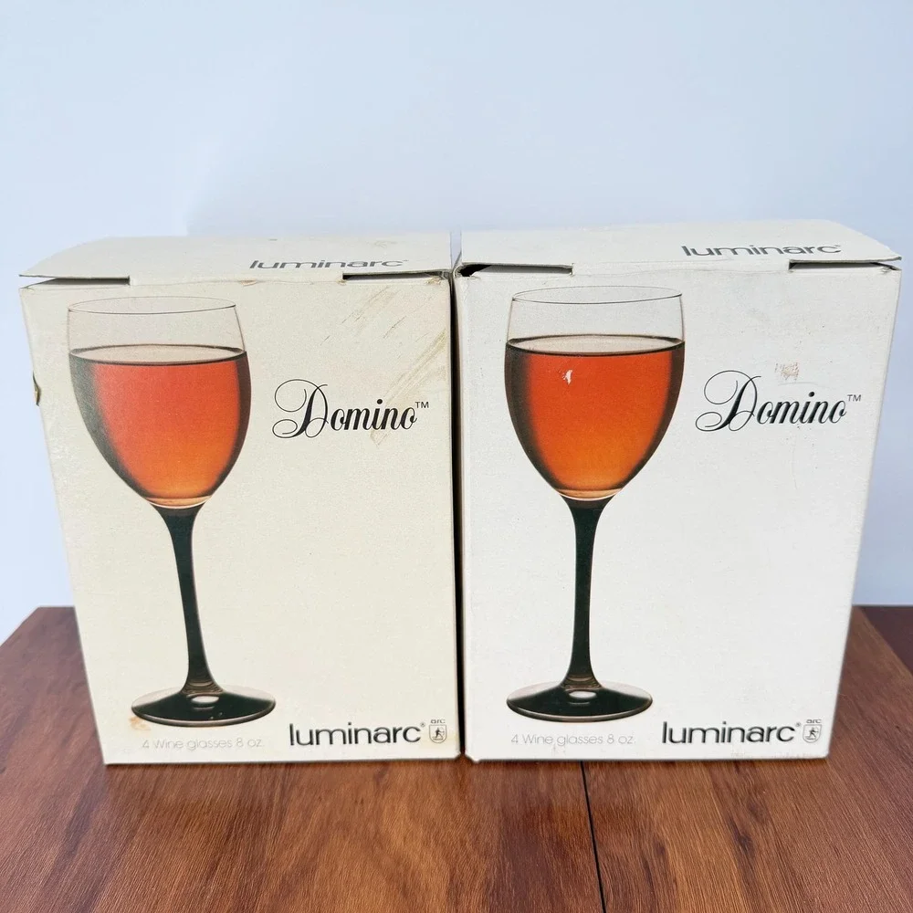 VTG 80s Wine Glasses (8) Luminarc France Black 2 Sets of 4 Domino Original Boxes